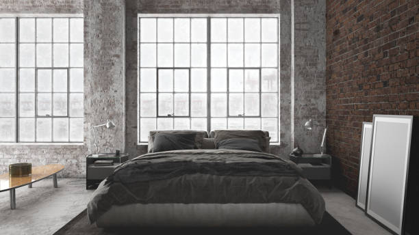 istock King size bed with bedside table and coffee table on the side in industrial apartment front view 1219135483