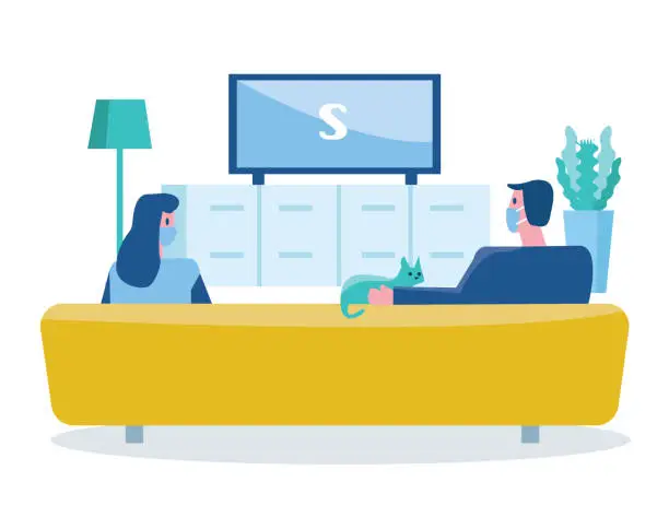 Vector illustration of Couple people wearing masks and watching Television. Social distancing concept. flat design vector illustration