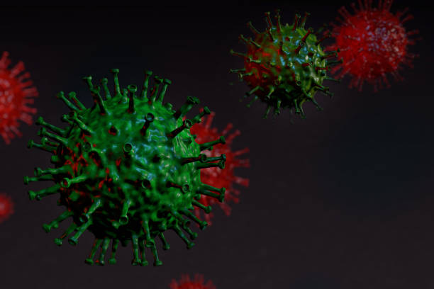 istock Flu or HIV coronavirus floating in fluid microscopic view, pandemic or virus infection concept - 3D illustration 1219137637