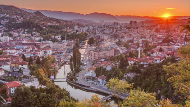 istock Sunset view of Sarajevo from most popular panoramic spot in Sarajevo timelapse 1219137836
