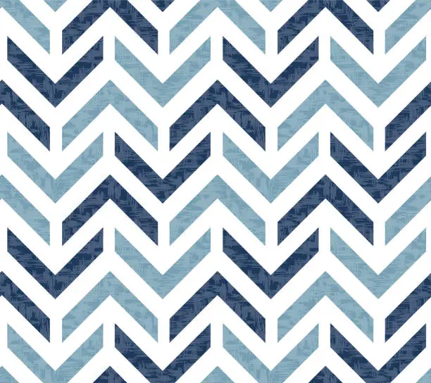 Vector illustration of Abstract grunge chevron ethnic Ikat geometric seamless pattern. Blue zigzag waves with texture on white background.