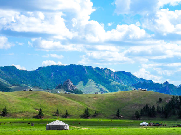Close up of a white canvas yurt in Mongolia with rugged stone mountain in the background.