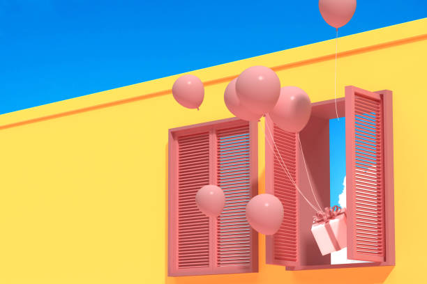 White wooden door decorated with three colorful balloons