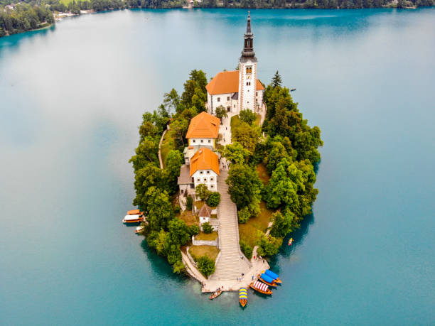 istock Small island and Lake Bled in Slovenia 1219142624