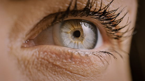 Close Up Macro Shot of an Eye. Young Beatiful Female With Light Blue, Yellow and Brown Color Pigmentation on the Iris. Mascara is Applied to Eyelashes. Blinking Eye.