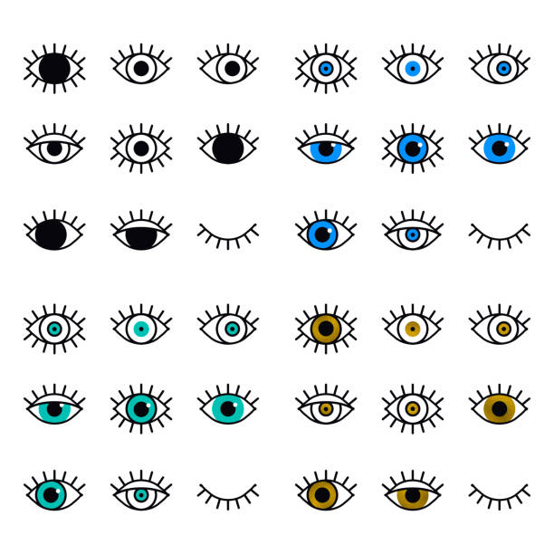 Open and closed eyes line icons set on white background. Look, see, sight, view sign and symbol. Vector linear graphic element. Optical and search theme in minimal design style. Eye with eyelashes. Open and closed eyes line icons set on white background. Look, see, sight, view sign and symbol. Vector linear graphic element. Optical and search theme in minimal design style. Eye with eyelashes drawing of eye wink stock illustrations