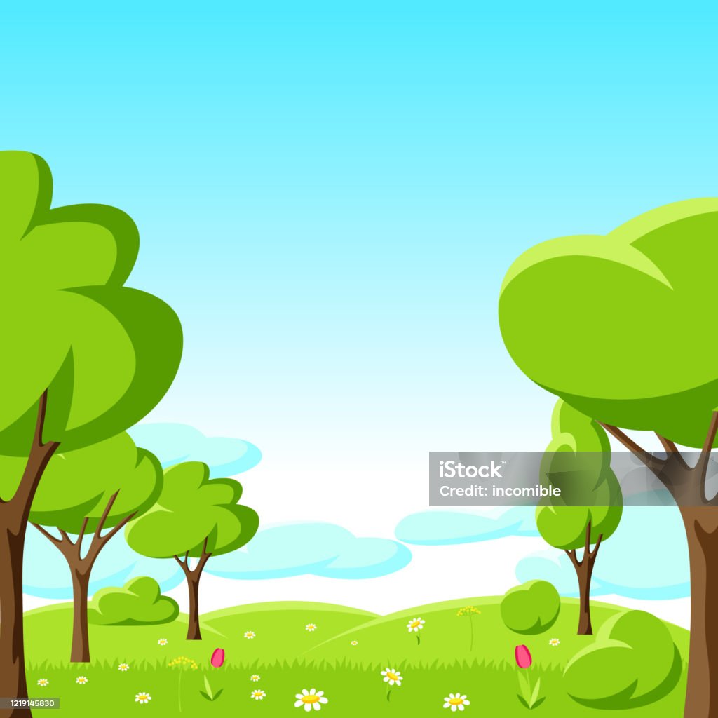 Spring Trees Vector Art Spring Or Summer Background With Stylized Trees Stock Illustration ...
