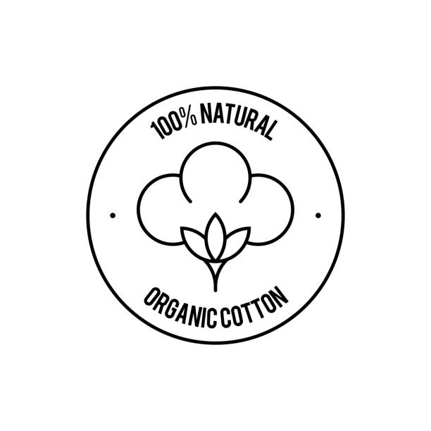 100% natural organic cotton. Cotton flower icon. Vector badge 100% natural organic cotton. Cotton flower icon. Vector badge cotton cotton ball fiber white stock illustrations