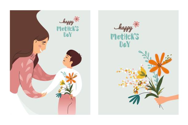 ilustrações de stock, clip art, desenhos animados e ícones de vector illustration of happy mother  receiving flowers from her son. - mother gift
