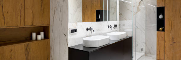 istock Bathroom in wood and marble, panorama 1219150122