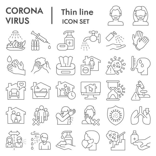 Coronavirus thin line icon set, Covid-19 symbols set collection or vector sketches. 2019-ncov signs set for computer web, the linear pictogram style package isolated on white background, eps 10. Coronavirus thin line icon set, Covid-19 symbols set collection or vector sketches. 2019-ncov signs set for computer web, the linear pictogram style package isolated on white background, eps 10 spreading illustrations stock illustrations