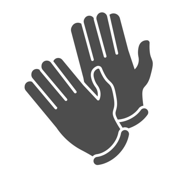 одноразовые медицинские резиновые перчатки твердый значок. пара перчаток глиф стиль пиктограммы на белом фоне. знаки защиты от коронавиру� - hand in latex glove stock illustrations