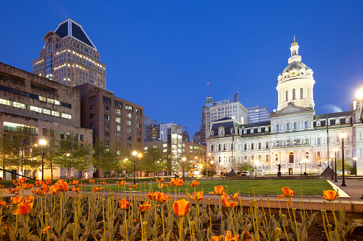 Baltimore City Hall  and War Memorial Plaza at dawn, Baltimore, Maryland, United States