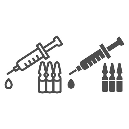 Syringe and ampoules line and solid icon. Covid-19 vaccine outline style pictogram on white background. Antivirus injection for mobile concept and web design. Vector graphics