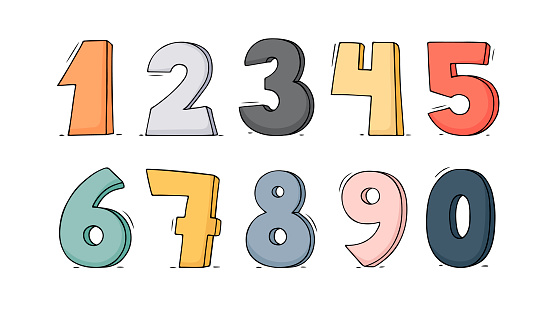 Cartoon set with different numbers. Doodle illustration about school and mathematics.