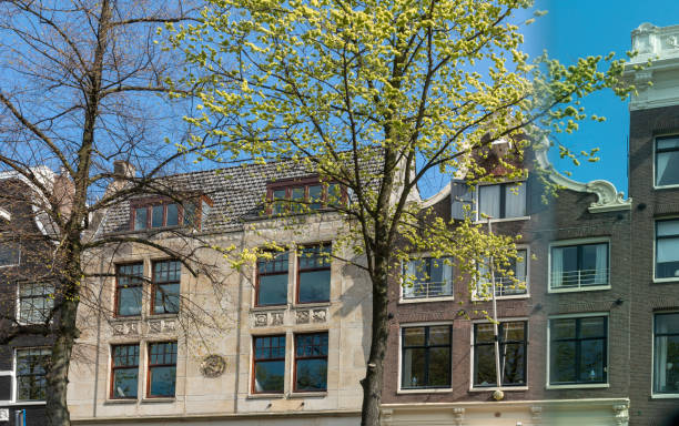 Canal side buildings in Amsterdam, Netherlands in Springtime.