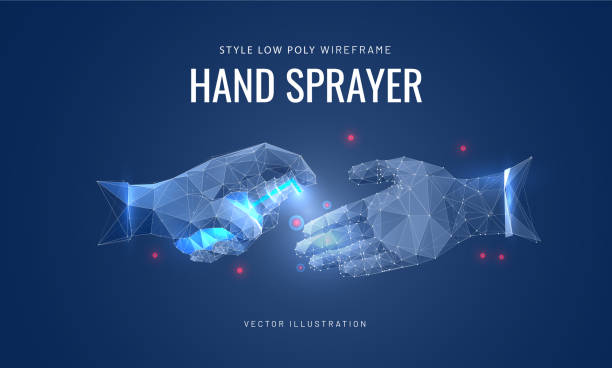 istock Sanitizer sprays to hands. Low poly wireframe style. Concept of disinfection, prevention of virus. Polygonal abstract isolated on blue background. Vector 1219153544