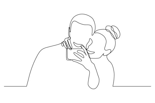 Couple taking selfie Loving couple taking selfie together using smartphone. Continuous line art drawing style. Minimalist black linear sketch isolated on white background. Vector illustration couple relationship illustrations stock illustrations