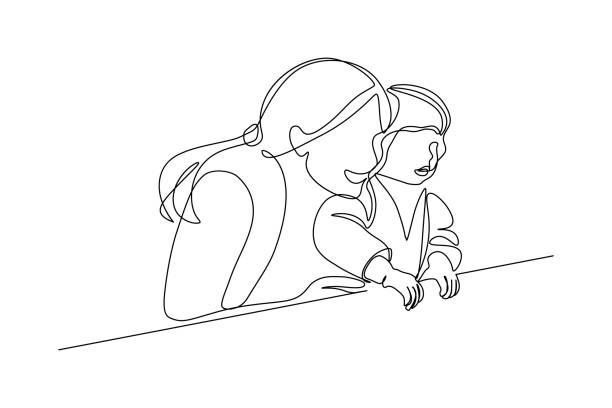 Mother with child Mother teaching her child in continuous line art drawing style. Mom with kid black linear sketch isolated on white background. Vector illustration mother drawings stock illustrations