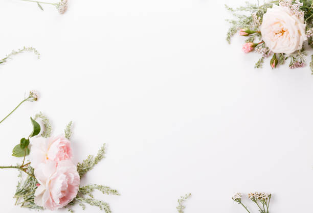 istock Festive flower composition on the white background. Overhead view 1219154921