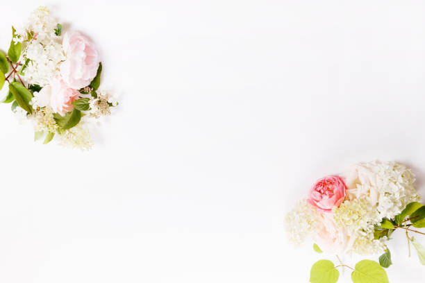 istock Festive flower composition on the white background. Overhead view 1219154927