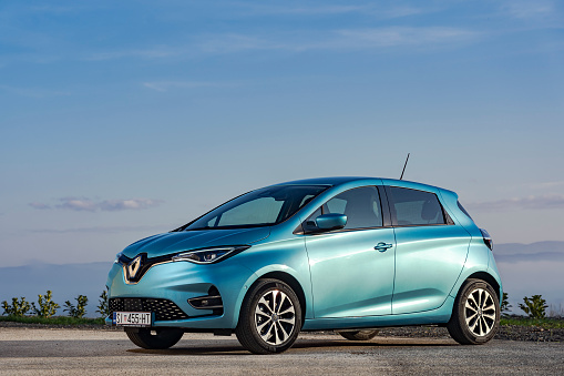 Sisak, Croatia - December 8, 2019: New Renault Zoe stopped on a road. The second generation of popular french full electric car has more powerful, 50kWh battery and therefore more range.