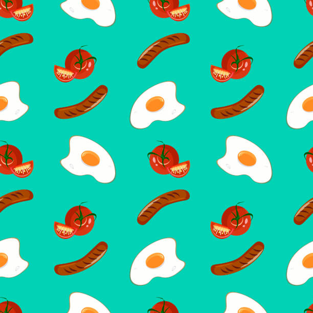 istock English breakfast seamless pattern with food including scrambled eggs, sausages and tomatoes. 1219159143