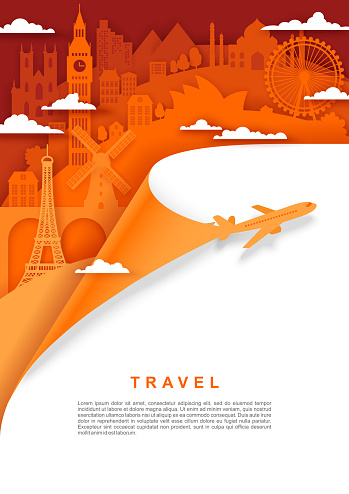 Travel poster, banner template, vector illustration in paper art style. Plane flying in sky and world famous landmark silhouettes. Worldwide tourism, flight tour, air travel.