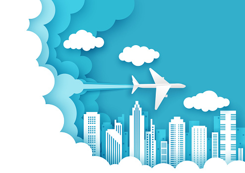 Vector layered paper cut style sky, fluffy clouds, plane flying over city buildings. Worldwide travel, air flight, time to travel concept for web banner, website page etc.