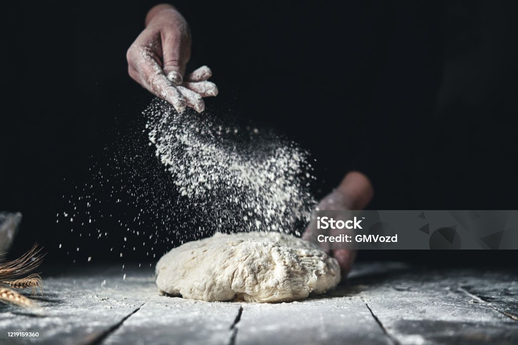 Kneading Bread Dough with Hands Flour Stock Photo