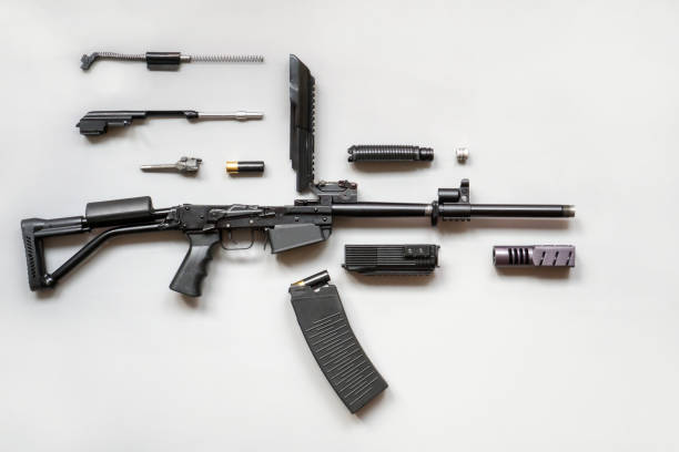 disassembled machine gun rifle boar on a white background. isolated.. details of firearms in a disassembled state. - bullet ammunition gun rifle imagens e fotografias de stock