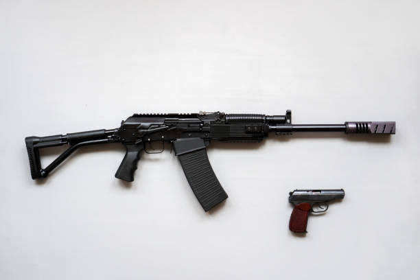 istock Close-up of a boar machine gun on a white background. Isolated. 1219161546
