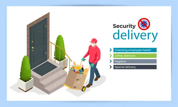 Vector illustration of Isometric contactless deliveryman in a medical mask, gloves delivering food or products to the elderly and people with disabilities at home. Online purchases during a quarantine.