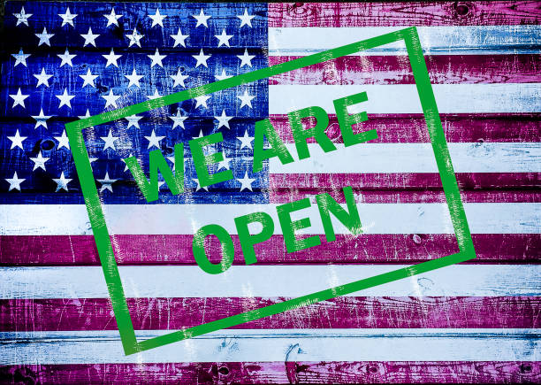 istock American flag background with text we are open 1219162897