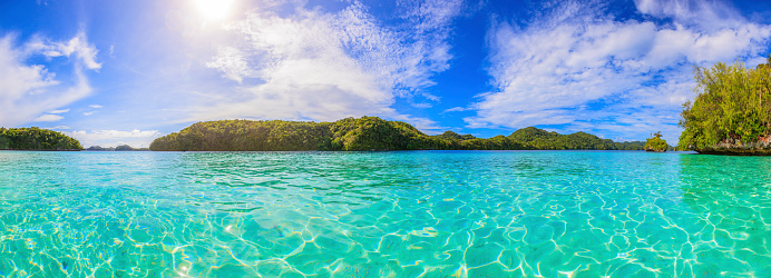 Turquoise waters between coral islands in Palau during daytime