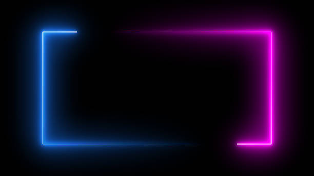 quadratische rechteckige bildrahmen mit zwei ton neon farbe bewegung grafik auf isolierten schwarzen hintergrund. blaues und rosa helllicht bewegt sich für overlay-element. 3d-illustrationrendering. leerer kopierraum mitte - neon light stock-fotos und bilder