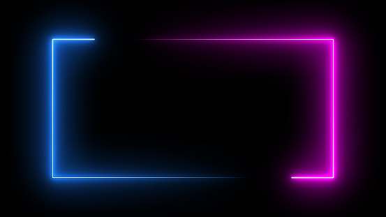 Marco de imagen rectangular cuadrado con gráfico de movimiento de color de neón de dos tonos sobre fondo negro aislado. Luz azul y rosa moviéndose para el elemento de superposición. Representación de ilustraciones 3D. Espacio de copia vacío en el cen photo