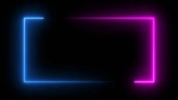 Photo of Square rectangle picture frame with two tone neon color motion graphic on isolated black background. Blue and pink light moving for overlay element. 3D illustration rendering. Empty copy space middle
