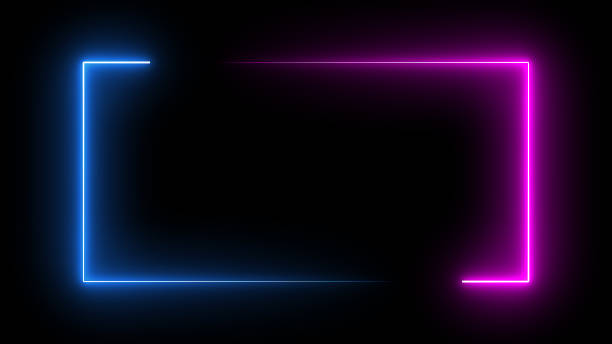 square rectangle picture frame with two tone neon color motion graphic on isolated black background. blue and pink light moving for overlay element. 3d illustration rendering. empty copy space middle - sinal de neon imagens e fotografias de stock