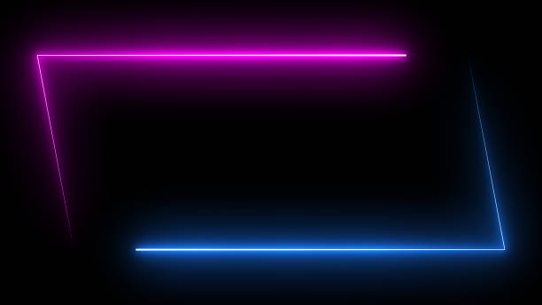 Parallelogram rectangle picture frame with two tone neon color shade motion graphic on isolated black background. Blue and pink light for overlay element. 3D illustration rendering wallpaper backdrop