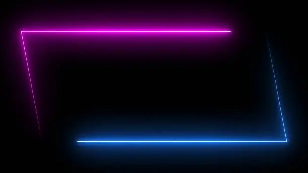 Photo of Parallelogram rectangle picture frame with two tone neon color shade motion graphic on isolated black background. Blue and pink light for overlay element. 3D illustration rendering wallpaper backdrop