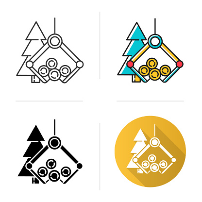 Timber industry icon. Logging sector. Wood production. Forestry management. Heavy lifting crane loading spruce logs. Flat design, linear and color styles. Isolated vector illustrations
