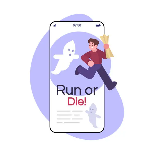 Vector illustration of Run or die social media post smartphone app screen. Mobile phone display with cartoon character design mockup. Thematic strategy game. Horror escape room application telephone interface