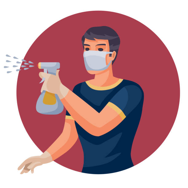un uomo con una maglietta blu e con una maschera sul viso spruzza un disinfettante attraverso un pulivatore, illustrazione vettoriale, - illustrazione arte vettoriale