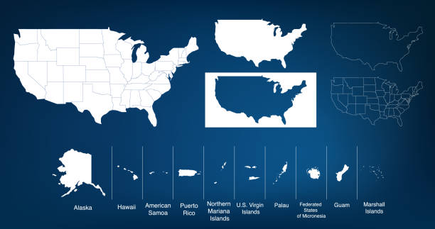 карта соединенных штатов америки с сша территориями и островами. различные варианты карт для вашего дизайна. иллюстрация сток вектор изоли - американская культура stock illustrations