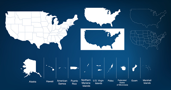 Map of The United States of America USA with States Name in Blue Color Illustration on White Background