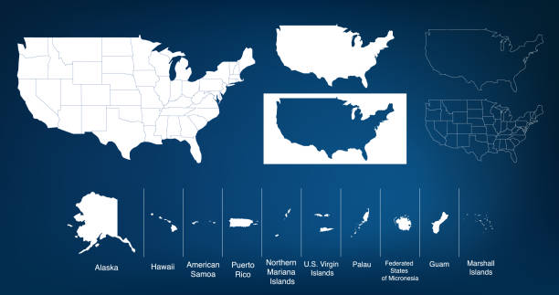 Map of The United States of America USA with territories and Islands. Different map variations for your design. Stock Vector illustration isolated on white background. Map of The United States of America USA with States Name in Blue Color Illustration on White Background puerto rico silhouette stock illustrations