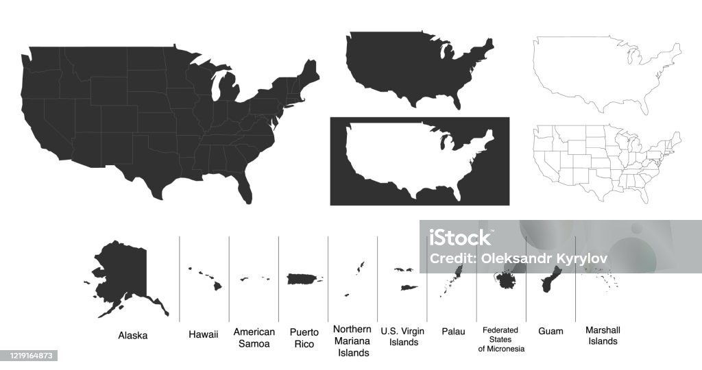 영토와 섬미국 미국의지도. 디자인에 대한 다양한 맵 변형. 스톡 벡터 일러스트레이션, 흰색 배경에서 격리 - 로열티 프리 지도 벡터 아트