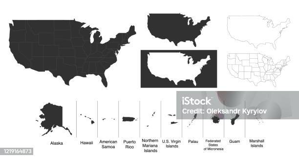 영토와 섬미국 미국의지도 디자인에 대한 다양한 맵 변형 스톡 벡터 일러스트레이션 흰색 배경에서 격리 지도에 대한 스톡 벡터 아트 및 기타 이미지