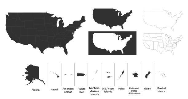 amerika birleşik devletleri abd toprakları ve adaları ile haritası. tasarımınız için farklı harita varyasyonları. beyaz arka planda yalıtılmış stok vektör çizimi - amerikan kültürü illüstrasyonlar stock illustrations
